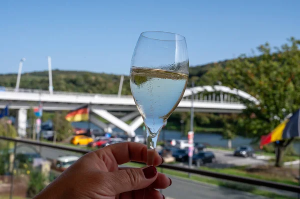 Wine tasting. Traditional method of production of cremant sparkling wine in south part of Luxembourg country on bank of Moezel, also known as Mosel, Moselle or Musel river.