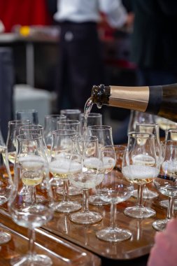Aralık 'ta, Champagne Bulvarı, Epernay, Champagne Bölgesi, Fransa' da kış festivalinde pek çok küçük şampanya kadehi tadacak.