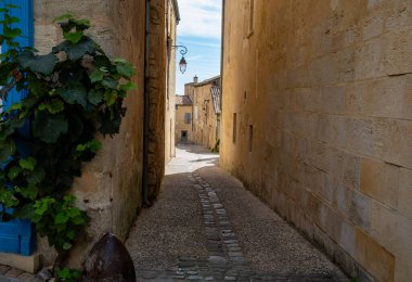 Eski evlerin manzarası ve ortaçağ kasabası St. Emilion 'un dar tepecikli caddeleri, Cru sınıfı üzüm bağlarında kırmızı Bordeaux şarabı üretimi Saint-Emilion şarap üretim bölgesi, Fransa, Bordeaux