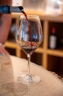 Fransız meşesi fıçılarında yıllanmış kırmızı Saint-Emilion şarabının tadı mahzende Saint-Emilion harika şaraplar üreten bölge, Fransa, Merlot Bordeaux, Cabernet Sauvignon kırmızı şarap üzümü