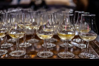 Aralık 'ta, Champagne Bulvarı, Epernay, Champagne Bölgesi, Fransa' da kış festivalinde pek çok küçük şampanya kadehi tadacak.