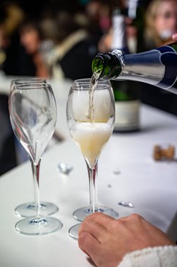 Şampanya Bulvarı, Epernay, Fransa 'nın Şampanya Bölgesi' nde Aralık ayında açık hava kış festivalinde şampanya içen ziyaretçiler