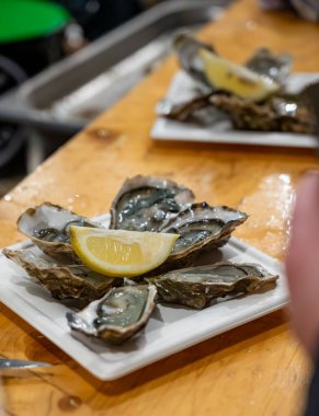 Günlük balık pazarında günün avı, taze istiridye, Cancale, Brittany, Atlantik Okyanusu, Fransa