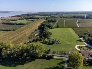 Yeşil üzüm bağları, Gironde nehri, Haut-Medoc kırmızı şarap üretim bölgesindeki şato, Bordeaux, Gironde Estuary 'nin sol kıyısı, Fransa