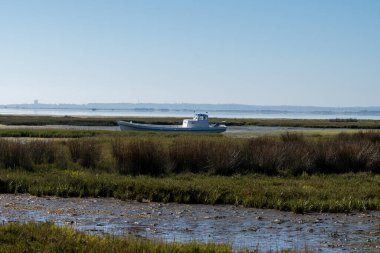 Fransa 'nın Atlantik kıyı şeridi boyunca Bordeaux' nun güneybatısında Fransa 'nın Cap Ferret yarımadasından birçok balıkçı teknesi ve istiridye çiftliğiyle Arcachon Körfezi' ne bakın.