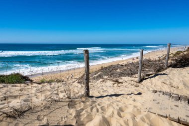 Plage de Horizon, Plage de l 'ocean Le Phare du Cap Ferret ve Duna du Pilat yakınlarındaki Plage de l' ocean, Cap Ferret yarımadası, Fransa, Bordeaux 'nun güneybatısı, Fransa' nın Atlantik kıyıları güneşli bir günde