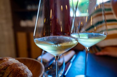 Sauternes 'de Bordeaux şarabı tatmak, Gironde Estuary, Fransa' nın sol kıyısında. Restoranda servis edilen beyaz tatlı Fransız şarabı.