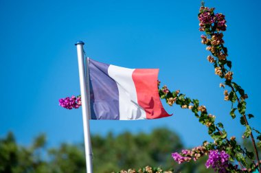 Mavi gökyüzünde Fransız bayrağı, Arcachon Körfezi 'nde sahil evleri Kaptan Ferret yarımadası, Fransa Bordeaux' nun güneybatısında Fransa 'nın Atlantik kıyı şeridi boyunca uzanan
