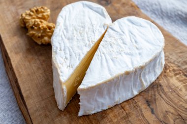 Peynir koleksiyonu, Normandiya bölgesinden Fransız peyniri, çiftlik dükkanından kalp şeklinde neufchatel.