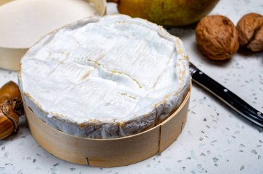 Fransız peyniri, orijinal Camembert de Normandie peyniri, beyaz küfle kaplayın.