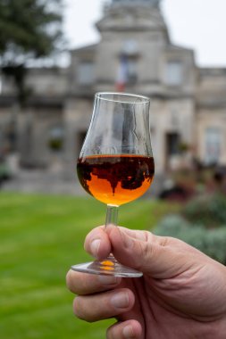 Varillerde yıllanmış konyak, içki ve şehirdeki eski caddeleri ve evleri görmek konyak, büyük şampanya, Charente, güçlü alkol damıtma endüstrisi, Fransa