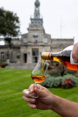 Varillerde yıllanmış konyak, içki ve şehirdeki eski caddeleri ve evleri görmek konyak, büyük şampanya, Charente, güçlü alkol damıtma endüstrisi, Fransa