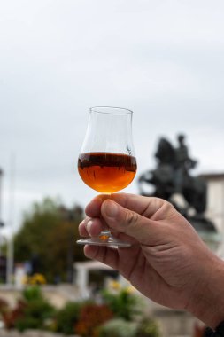 Varillerde yıllanmış konyak, içki ve şehirdeki eski caddeleri ve evleri görmek konyak, Grand Champagne, Charente, güçlü alkol damıtma endüstrisi, Fransa