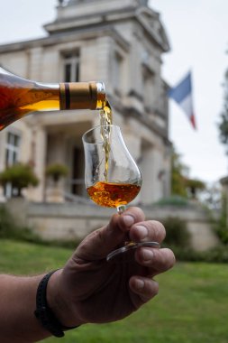 Varillerde yıllanmış konyak, içki ve şehirdeki eski caddeleri ve evleri görmek konyak, Grand Champagne, Charente, güçlü alkol damıtma endüstrisi, Fransa