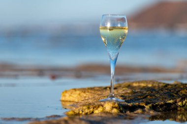 Bir bardak kava ya da şampanya köpüklü şarap, kış tatili, Dunes Corralejo kumsalında gelgit, Fuerteventura, Kanarya Adaları, İspanya