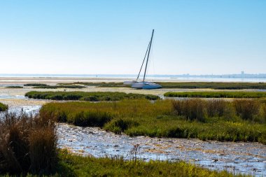 Fransa 'nın Atlantik kıyı şeridi boyunca Bordeaux' nun güneybatısında Fransa 'nın Cap Ferret yarımadasından birçok balıkçı teknesi ve istiridye çiftliğiyle Arcachon Körfezi' ne bakın.