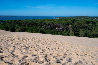 Güneşli bir günde Fransa 'nın Atlantik kıyı şeridi boyunca Bordeaux' nun güneybatısında, Arcachon Körfezi bölgesindeki La Teste-de-Buch 'da yer alan Avrupa' nın en uzun kum tepeciğinin manzarası