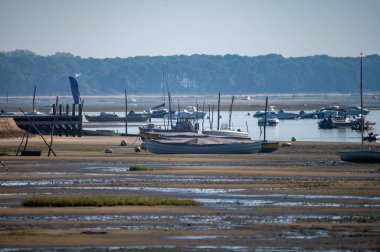 Fransa 'nın Atlantik kıyı şeridi boyunca Bordeaux' nun güneybatısında Fransa 'nın Cap Ferret yarımadasından birçok balıkçı teknesi ve istiridye çiftliğiyle Arcachon Körfezi' ne bakın.