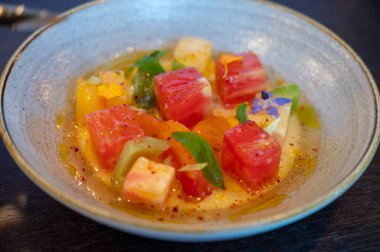 Renkli sağlıklı salata dilimlenmiş çiğ Fransız domatesleri taze keçi sütlü burrata peyniri ile servis edilir.