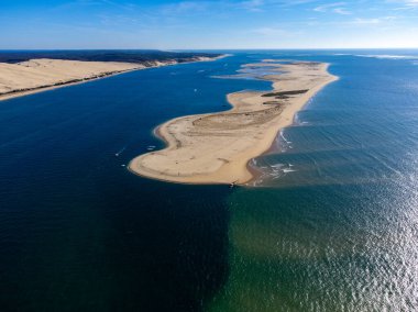 Güneşli bir günde Fransa 'nın Atlantik kıyı şeridi boyunca Bordeaux' nun güneybatısında Arcachon Körfezi bölgesindeki La Teste-de-Buch 'da yer alan Avrupa' nın en uzun kum tepeciğinin havadan görünüşü