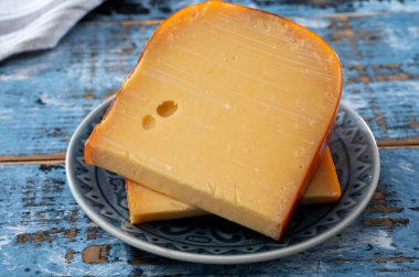 Peynir koleksiyonu, Hollanda 'da inek sütünden yapılmış ve yakın dilimlenmiş olgun Hollanda peyniri.