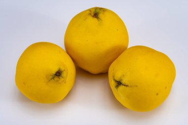 Olgun sarı ayva elmaları grubu beyaz arkaplanı izole ediyor.