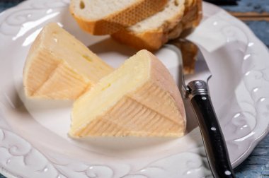 Munster gerome Fransız peyniri, ince bir tadı olan sert kokulu yumuşak peynir, öncelikle Vosges dağlarında üretilen sütten yapılıyor, yakın plan.