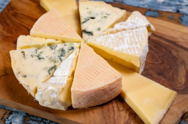 Bir sürü küçük Fransız peyniri ve çeşit çeşit peynirle tatma tabağı.