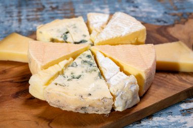 Bir sürü küçük Fransız peyniri ve çeşit çeşit peynirle tatma tabağı.