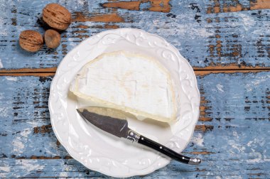 Fransız peyniri, orijinal Camembert de Normandie peyniri, parça, beyaz küfle yakın plan.