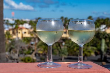 Çatıdaki terasta soğuk beyaz şarap, güneşli bir günde Corralejo manzarası, Fuerteventura