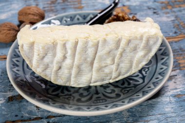 Fransız peyniri, orijinal Camembert de Normandie peyniri, parça, beyaz küfle yakın plan.