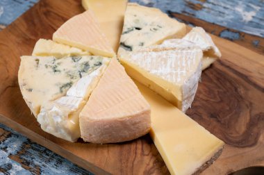 Bir sürü küçük Fransız peyniri ve çeşit çeşit peynirle tatma tabağı.