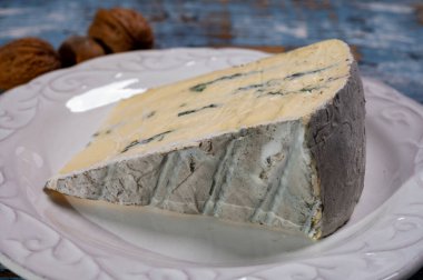 Siyah mantarlı Fransız keçi peyniri. Kapatın.