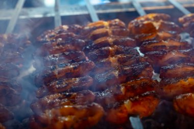 İstanbul 'da lokantada mangal kömürü ızgarasında Türk eti, tavuk kanadı, kuzu eti, şiş kebap pişiyor.