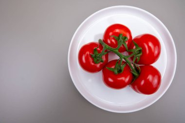 Her mevsim serada yetişen taze Hollanda domatesleri. Hollanda 'da gıda endüstrisi. Kapatın.