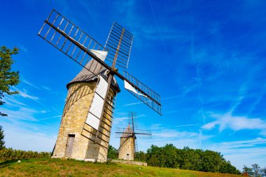 Ortaçağ 'ın St. Emilion kasabası yakınlarındaki eski tahıl değirmenleri, Saint-Emilion şarap üretim bölgesinde Cru sınıfı üzüm bağlarında kırmızı Bordeaux şarabı üretimi, Fransa, Bordeaux