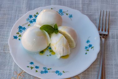 Peynir koleksiyonu, beyaz İtalyan peynirli mozzarella topları zeytin yağı ve taze fesleğen yapraklarıyla servis ediliyor.
