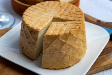 Peynir koleksiyonu, taze tütsülenmiş İspanyol keçi peyniri.