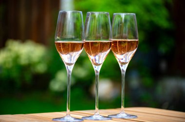 Yeşil çimenler üzerinde piknik, güllü şampanya bardakları, köpüklü şarap veya kava, Marne Nehri 'ndeki mağaralarda geleneksel yöntemle üretilen kremant, Fransa' nın Şampanya Bölgesi,