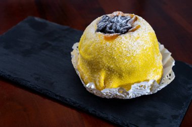 Polenta e Osei di Bergamo Alta, most renowned sweet specialty of Bergamos cuisine, made from sponge cake, chocolate, butter, hazelnut cream clipart