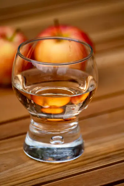 stock image Brut apple cider from Betuwe, Gelderland, in glass on wooden table, apple cider production in Netherlands