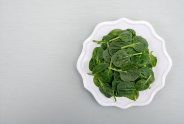 Taze yeşil bebek ıspanak yaprakları, diyet ve sağlık konsepti, kilo kaybı, seramik tabakta yıkanmış ıspanak, fotokopi alanı