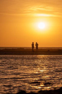 Erkek ve kadın kalıp okyanus sahilinde gün batımını izliyorlar, turuncu gökyüzü, tatildeki insanların siluetleri, Kanarya adaları.