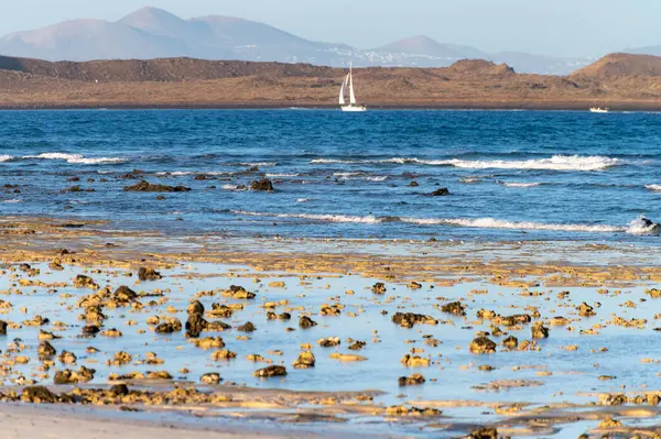 Corralejo kumulları, beyaz kumlu plaj, mavi su, Lobos ve Lanzarote adaları, Fuerteventura 'nın kuzeyi, Kanarya adaları, İspanya