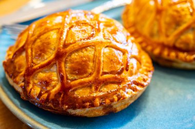 Mini fırında taze pişmiş tavuk Wellington turtaları, İngiliz hamur işleri, atıştırmalıklar.