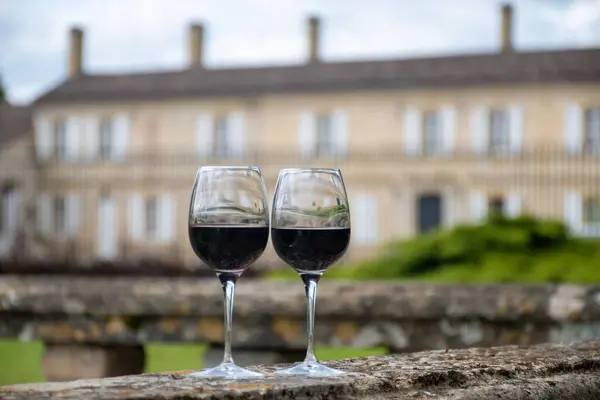 stock image Glasses of french dry red wine in old wine domain on Graves vineyards in Portets village and old wine making castle on background, Bordeaux, France