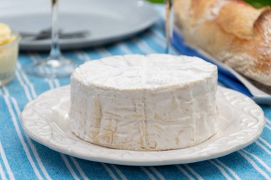 Fransız peyniri ile öğle yemeği, orijinal Camembert de Normandie peyniri, beyaz küfle yakın plan.