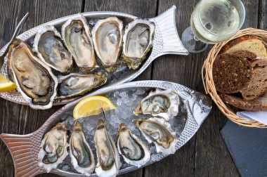 Güneşli bir günde, Arcachon Bassin, Gujan-Mestras limanı, Bordeaux, Fransa 'da, istiridye sayısı 0 olan istiridye çiftçilik köyündeki açık hava kafesinde taze canlı istiridye ve ekmek yemek..