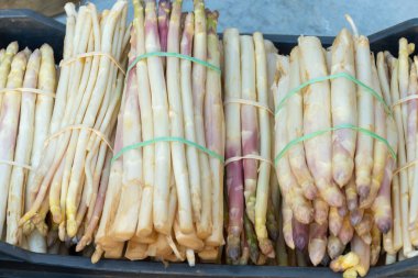Souillac, Dordogne, Fransa 'daki yerel çiftçi pazarında satılık taze çiğ, pembe kuşkonmaz sebzeleri. Payrignac 'ta yerel üretilen 1 kg deste